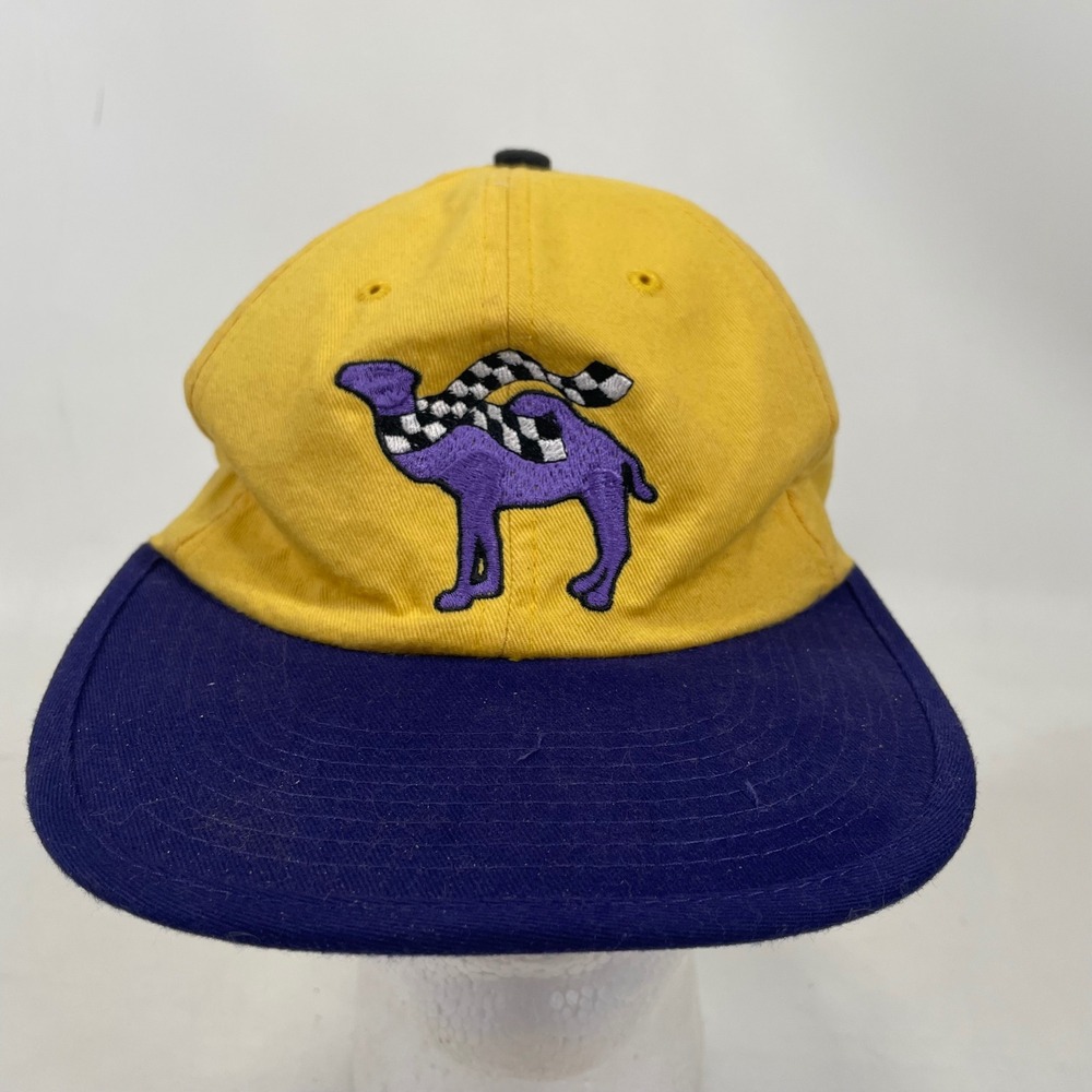 Vintage Joe Camel Double Hatter Reversible Hat Black Yellow Purple 90s Promo Cap